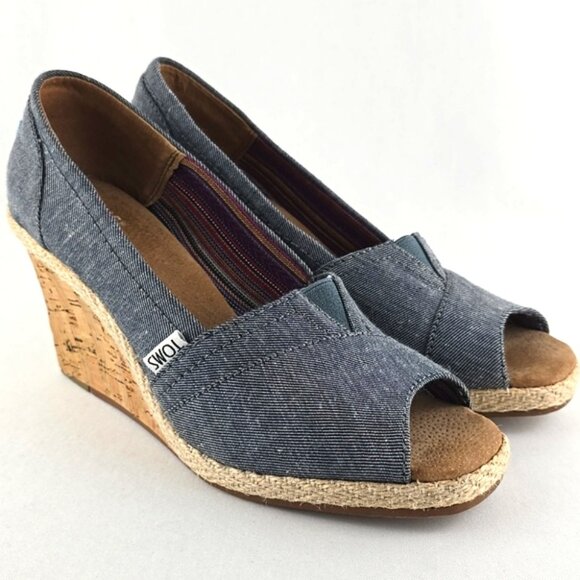 TOMS Women's Denim Navy White Wedge Open Toe Shoes Cork Heel Size 6.5W - Picture 1 of 15